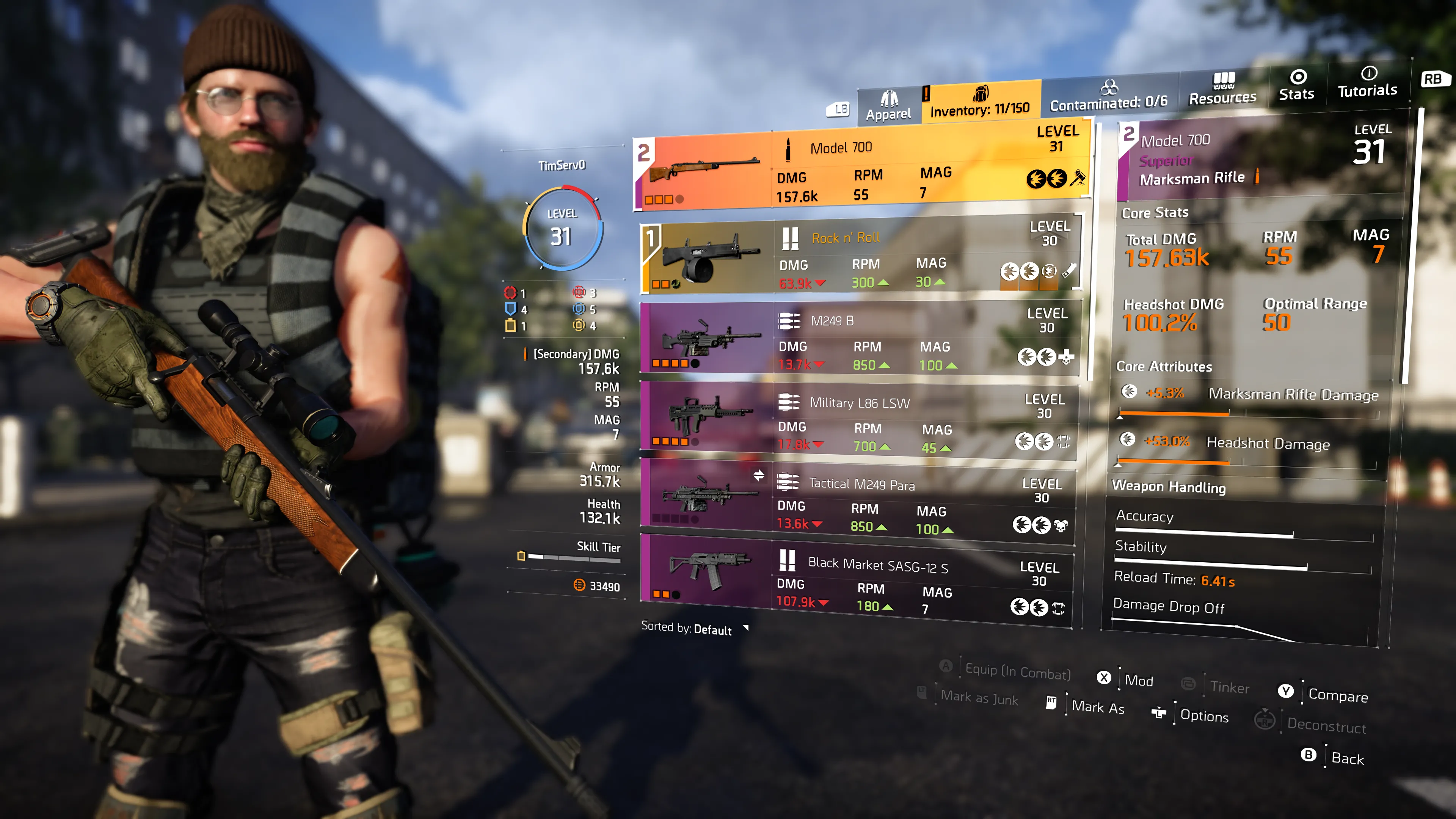 Giao diện quản lý trang bị và vật phẩm loot của nhân vật trong The Division 2.