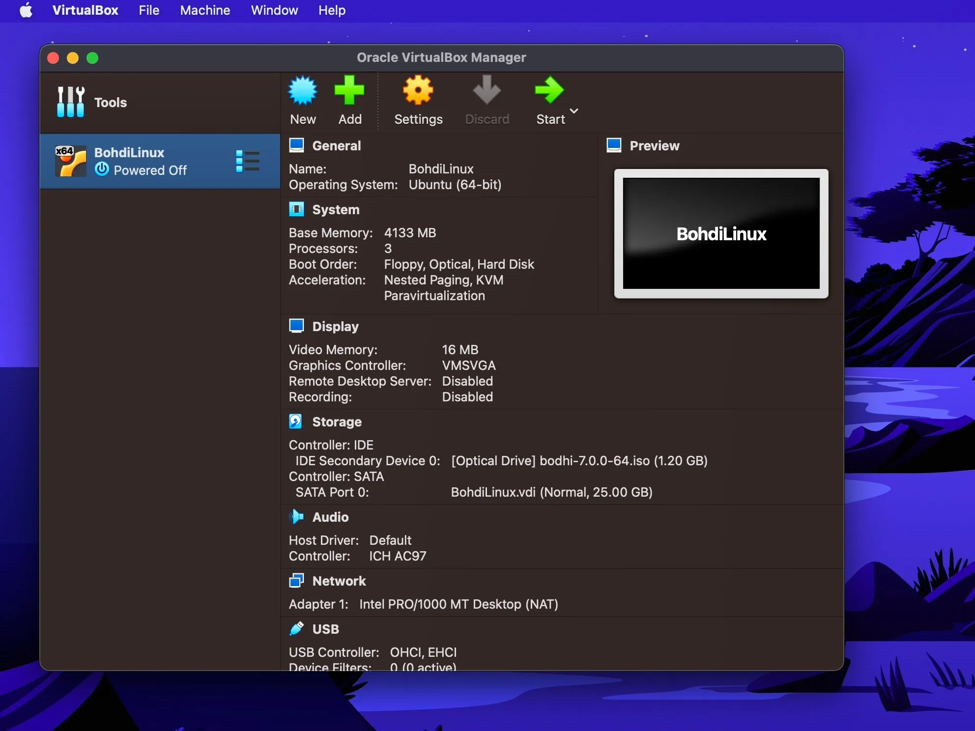 Giao diện quản lý VirtualBox với máy ảo Bodhi Linux