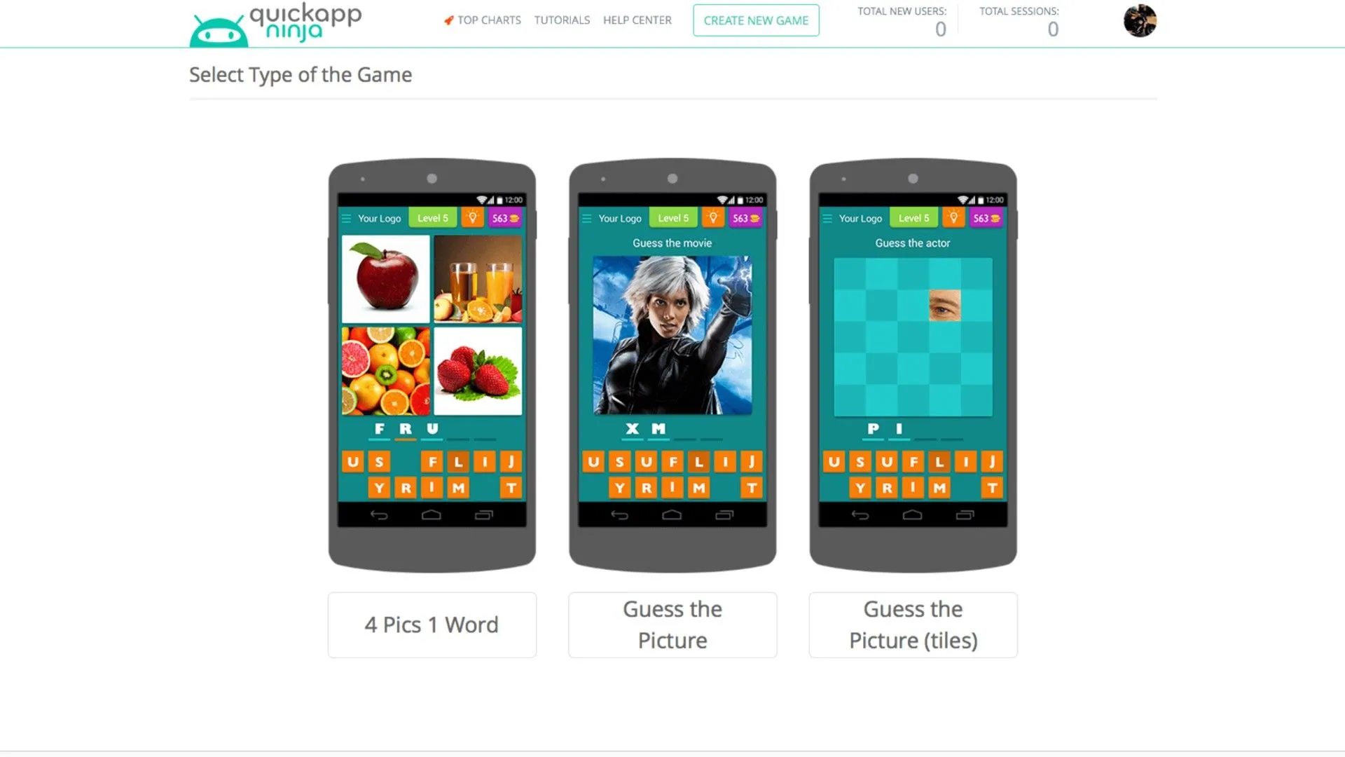 Giao diện QuickAppNinja với một câu đố có nhân vật Storm từ X-Men, minh họa khả năng tạo game đố vui dễ dàng trên Android.