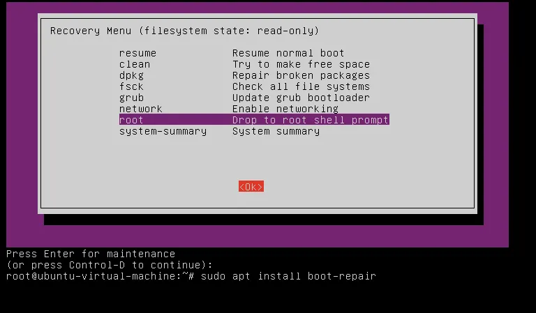 Giao diện Recovery Mode của Ubuntu, hiển thị các lựa chọn sửa lỗi và màn hình terminal root để thực thi lệnh.