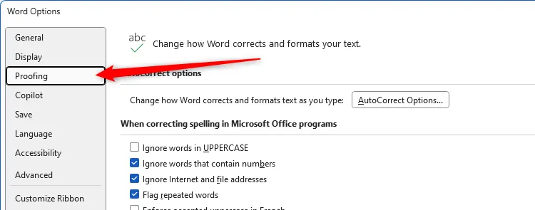 Giao diện tab &quot;Proofing&quot; trong cửa sổ Tùy chọn Word, nơi cấu hình các thiết lập kiểm tra lỗi.