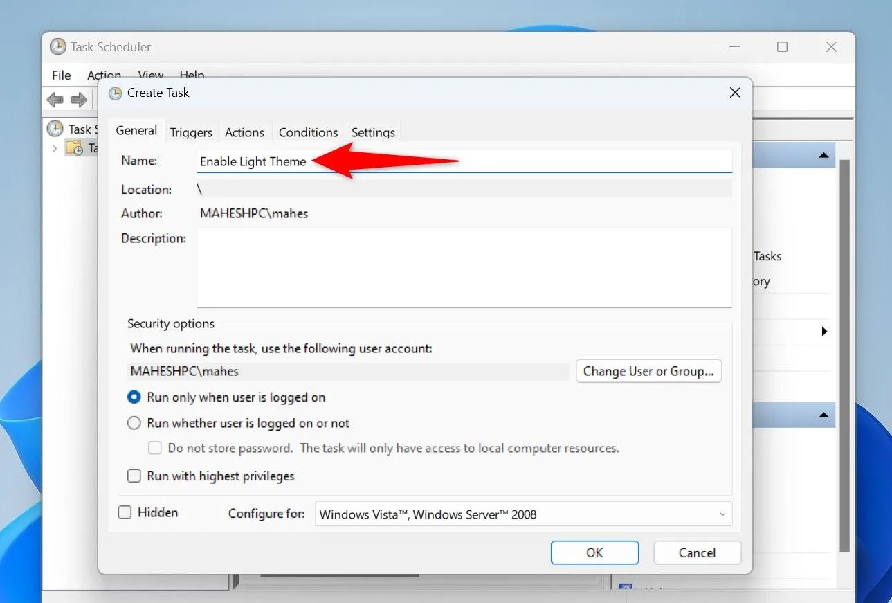 Giao diện tạo tác vụ trong Task Scheduler