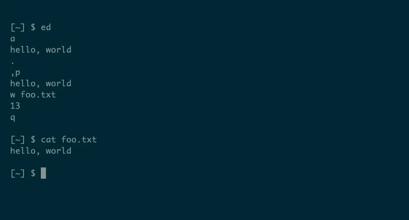 Giao diện terminal hiển thị trình soạn thảo ed của Linux với các lệnh tạo, thêm văn bản &quot;hello world&quot; và lưu vào file foo.txt, minh họa cách tương tác từng dòng.