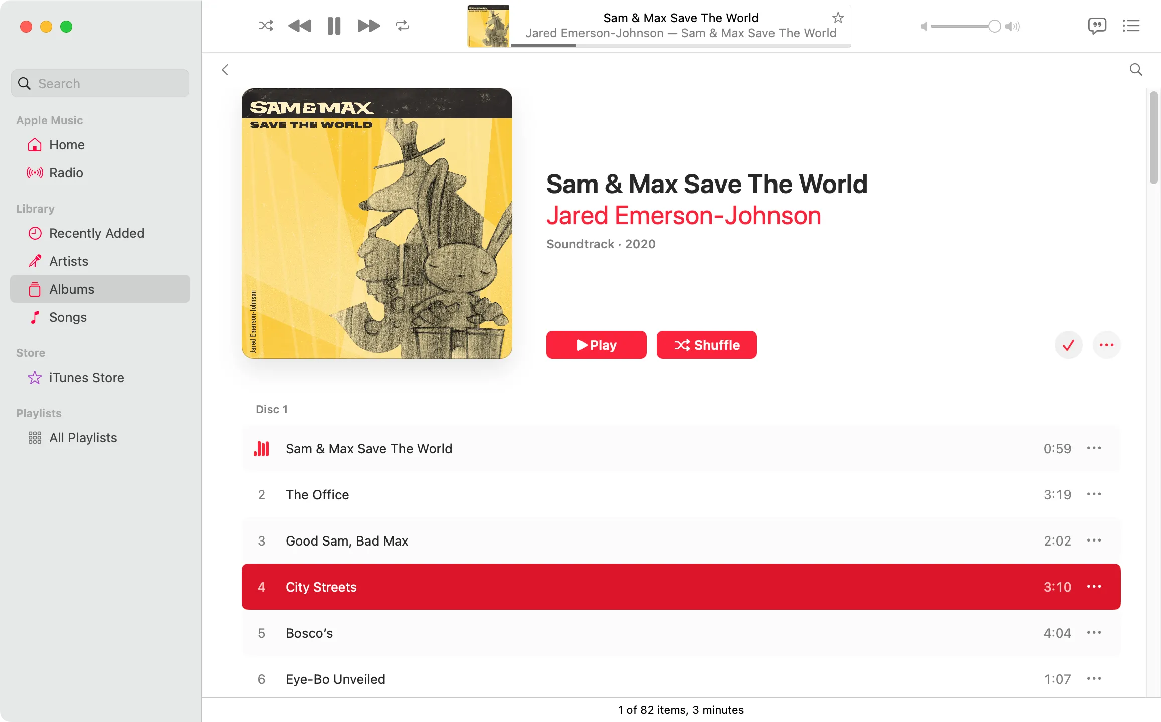 Giao diện thư viện nhạc Sam &amp; Max Save The World trong ứng dụng Apple Music trên máy Mac.