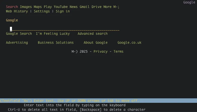 Giao diện tìm kiếm Google hiển thị trong trình duyệt văn bản Lynx