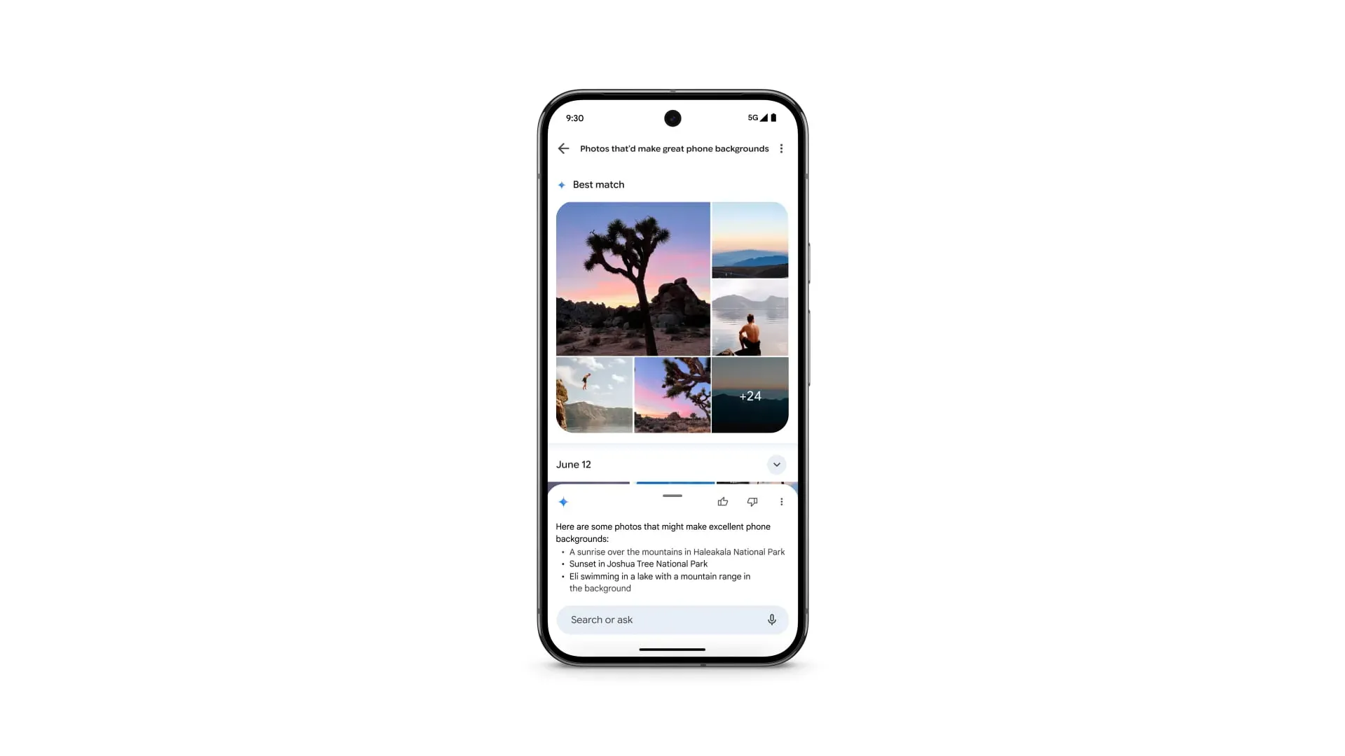 Giao diện tính năng Ask Photos trên Google Photos hiển thị kết quả tìm kiếm và đề xuất Best Match từ Gemini AI