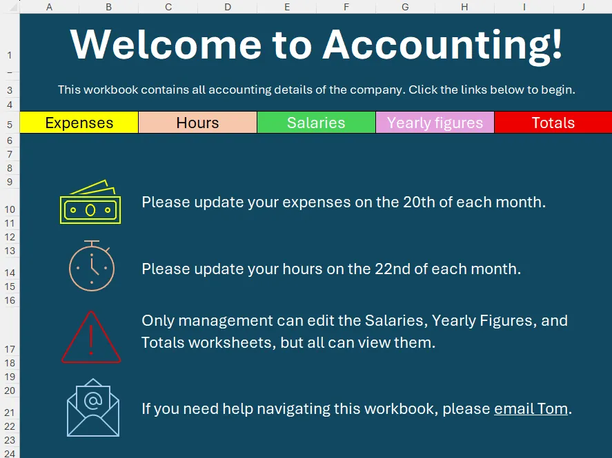 Giao diện trang chủ mẫu của một bảng tính Excel được thiết kế để dễ điều hướng và cung cấp thông tin tổng quan.