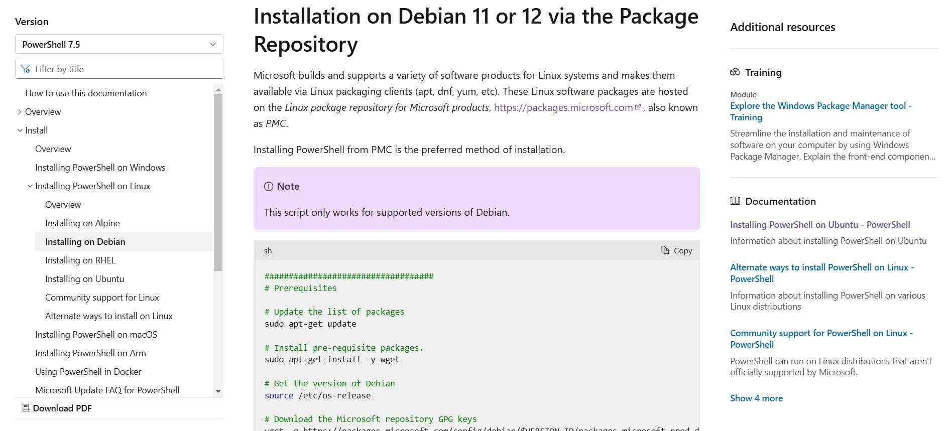 Giao diện trang tài liệu Microsoft hướng dẫn cài đặt PowerShell trên Debian, hiển thị script cài đặt có thể sao chép.
