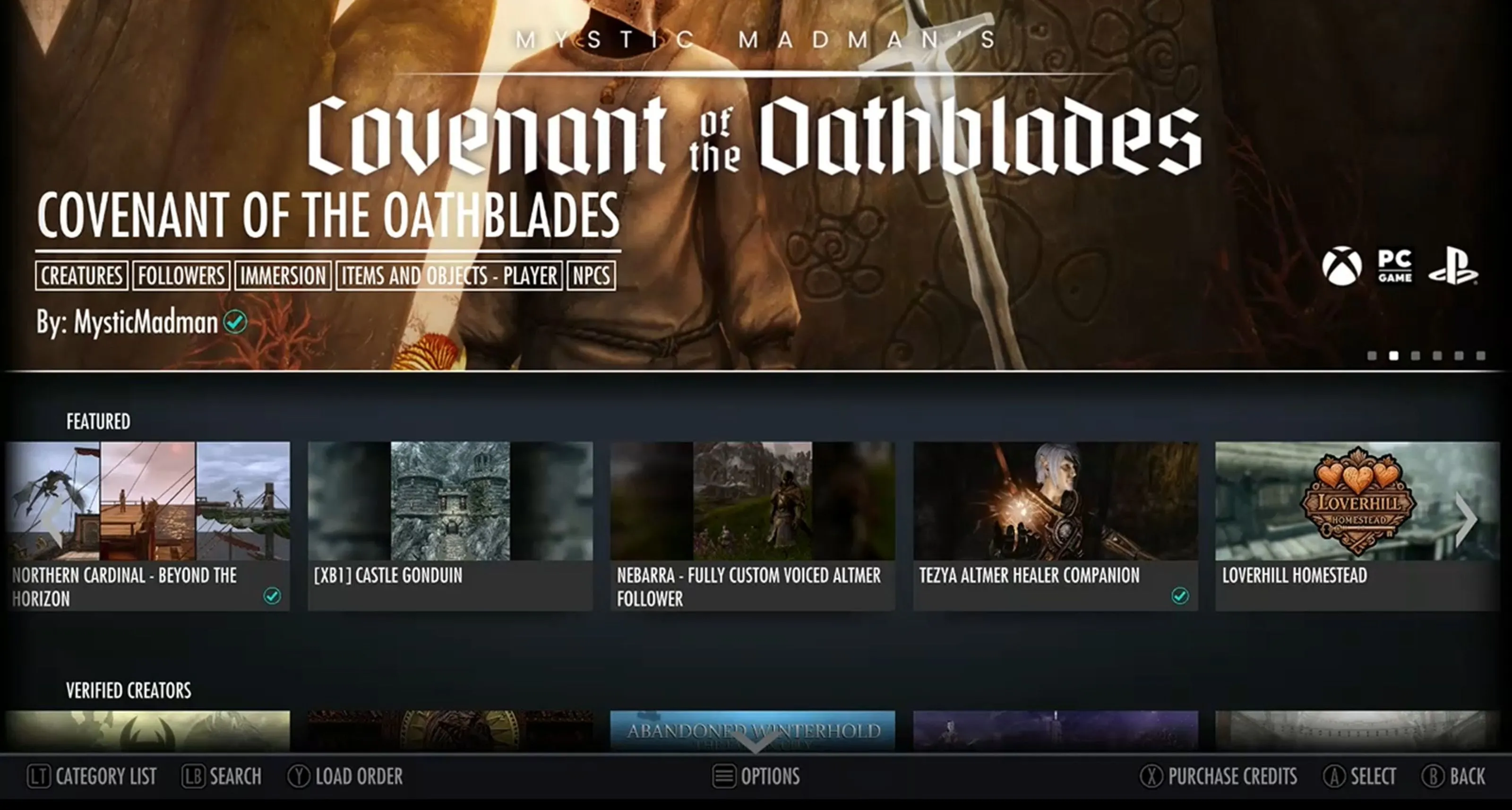 Giao diện trình duyệt mod của The Elder Scrolls V: Skyrim Special Edition trên Xbox One, minh họa nền tảng mod của Bethesda.net