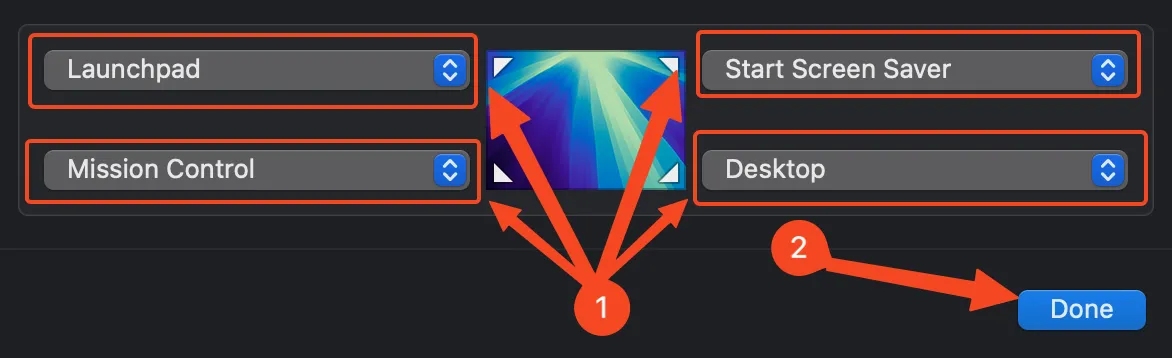 Giao diện tùy chỉnh &quot;Góc Nóng&quot; trong macOS, cho phép gán các hành động như Mission Control vào các góc màn hình.