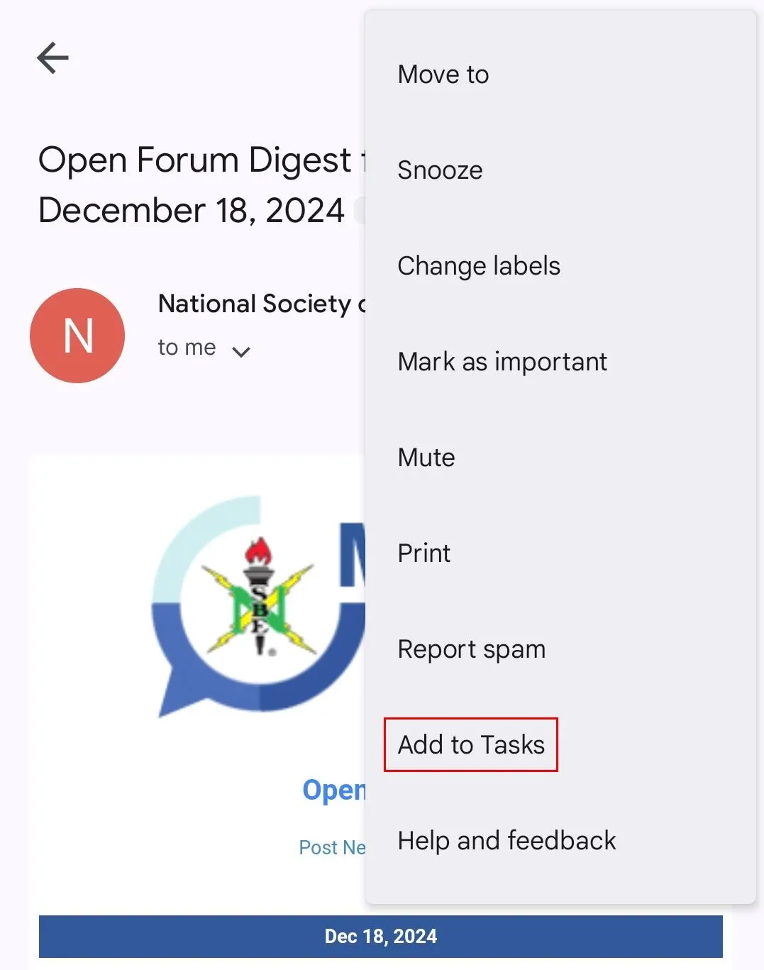 Giao diện ứng dụng Gmail trên điện thoại, hiển thị tùy chọn &quot;Add to Tasks&quot; trong menu ba chấm