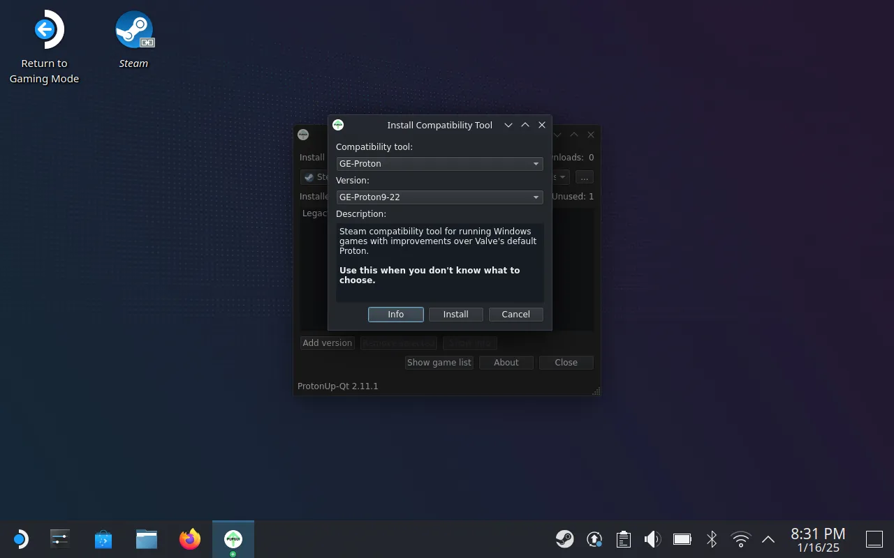 Giao diện ứng dụng ProtonUp-Qt trên SteamOS, cho phép người dùng cài đặt các phiên bản Proton GE để tối ưu tương thích game.