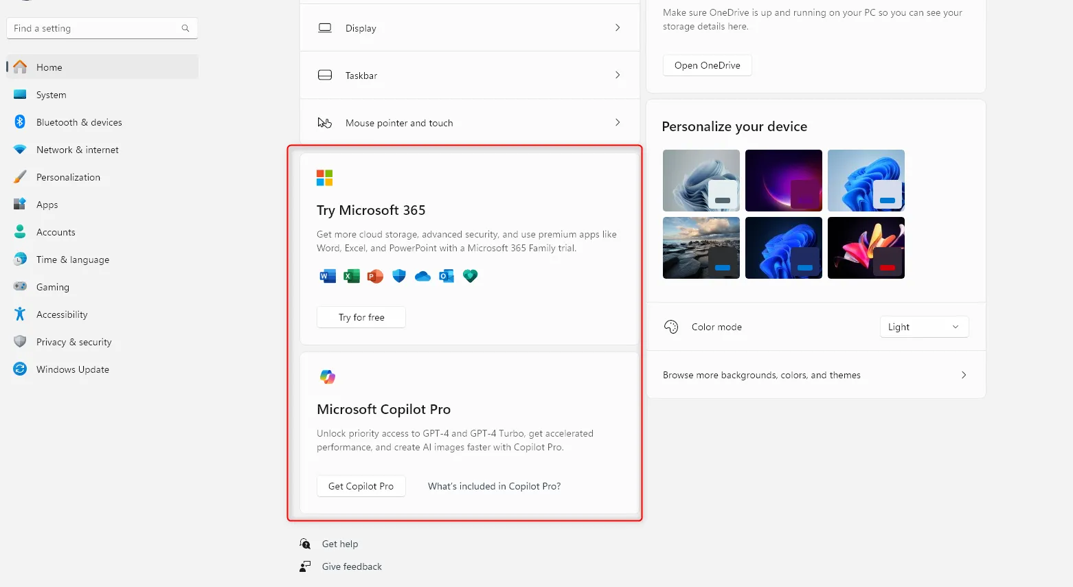 Giao diện Windows 11 hiển thị quảng cáo trong trang chủ cài đặt, gợi ý các ứng dụng và dịch vụ của Microsoft