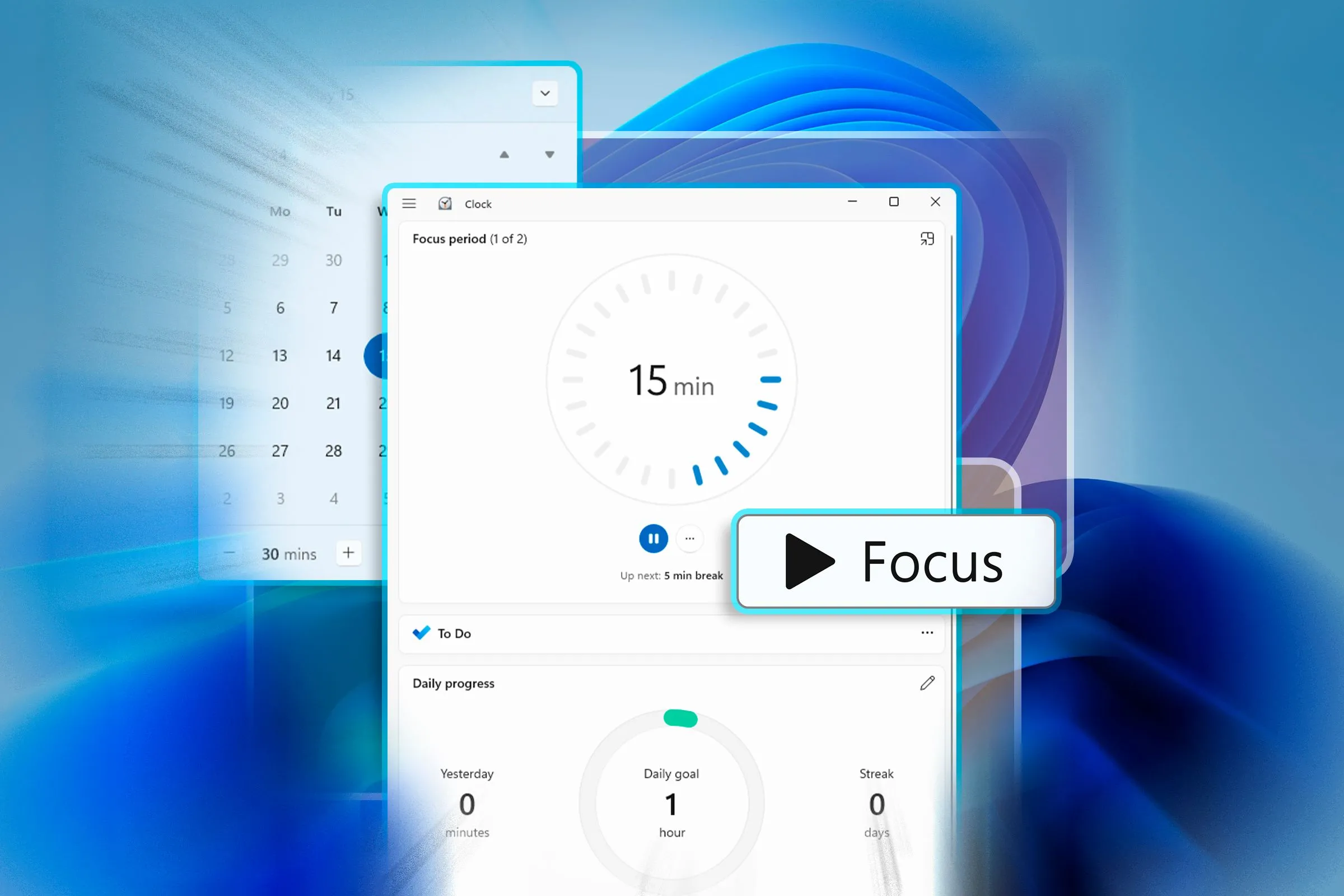 Giao diện Windows 11 với ứng dụng Đồng hồ đang chạy chế độ Focus Session, áp dụng kỹ thuật Pomodoro để tăng cường sự tập trung.