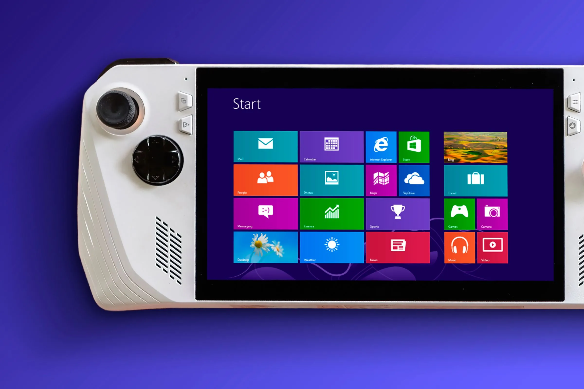 Giao diện Windows 8 (Metro UI) trên thiết bị Asus ROG Ally, minh họa cách tiếp cận trước đây của Microsoft