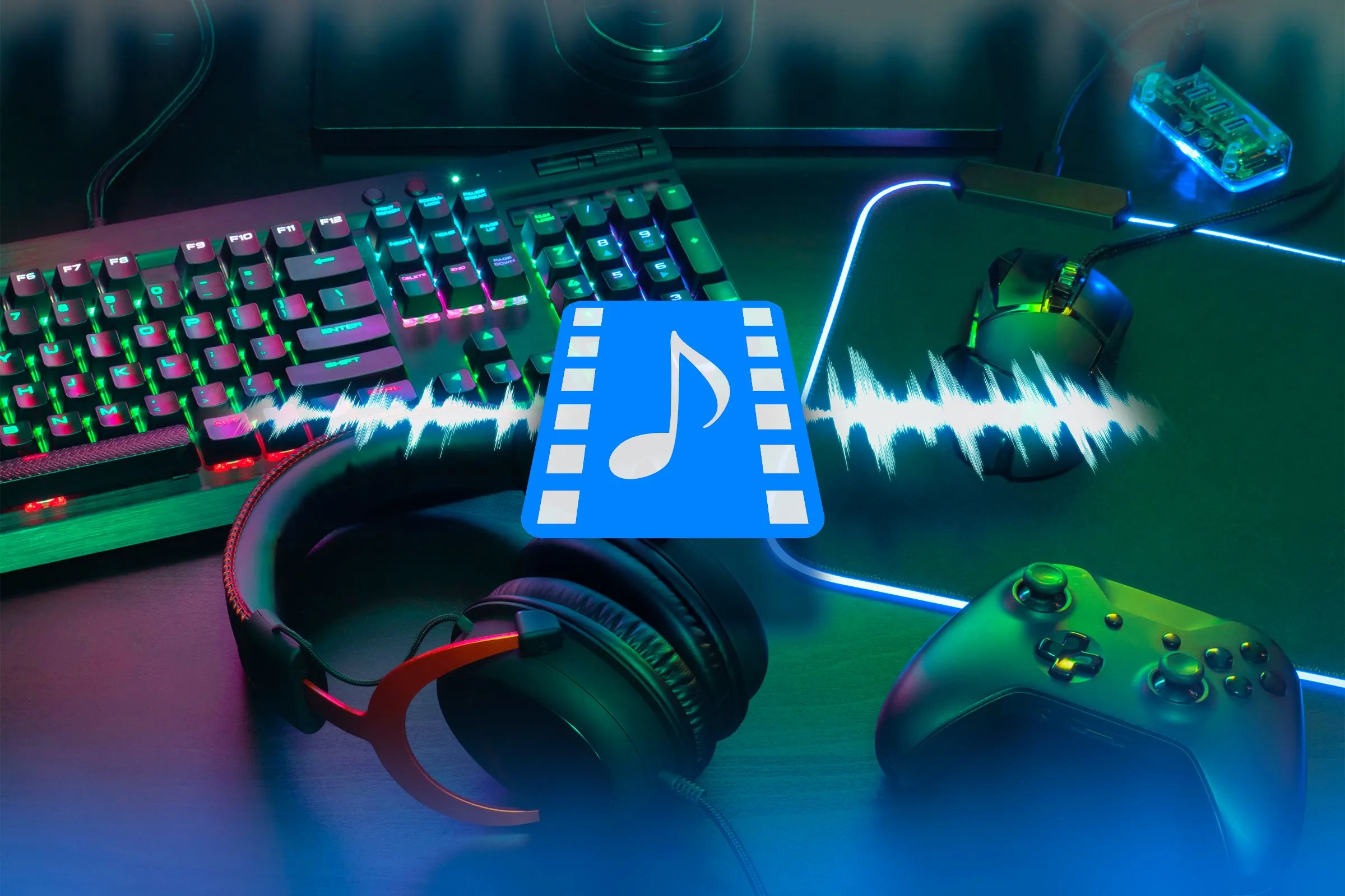 Góc làm việc của game thủ với bàn phím gaming, tai nghe, tay cầm và chuột, biểu tượng âm nhạc nổi bật.