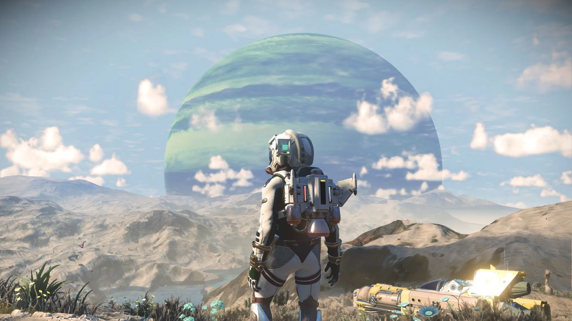 Góc nhìn thứ ba một phi hành gia trên hành tinh ngoài hành tinh trong game sinh tồn No Man's Sky.
