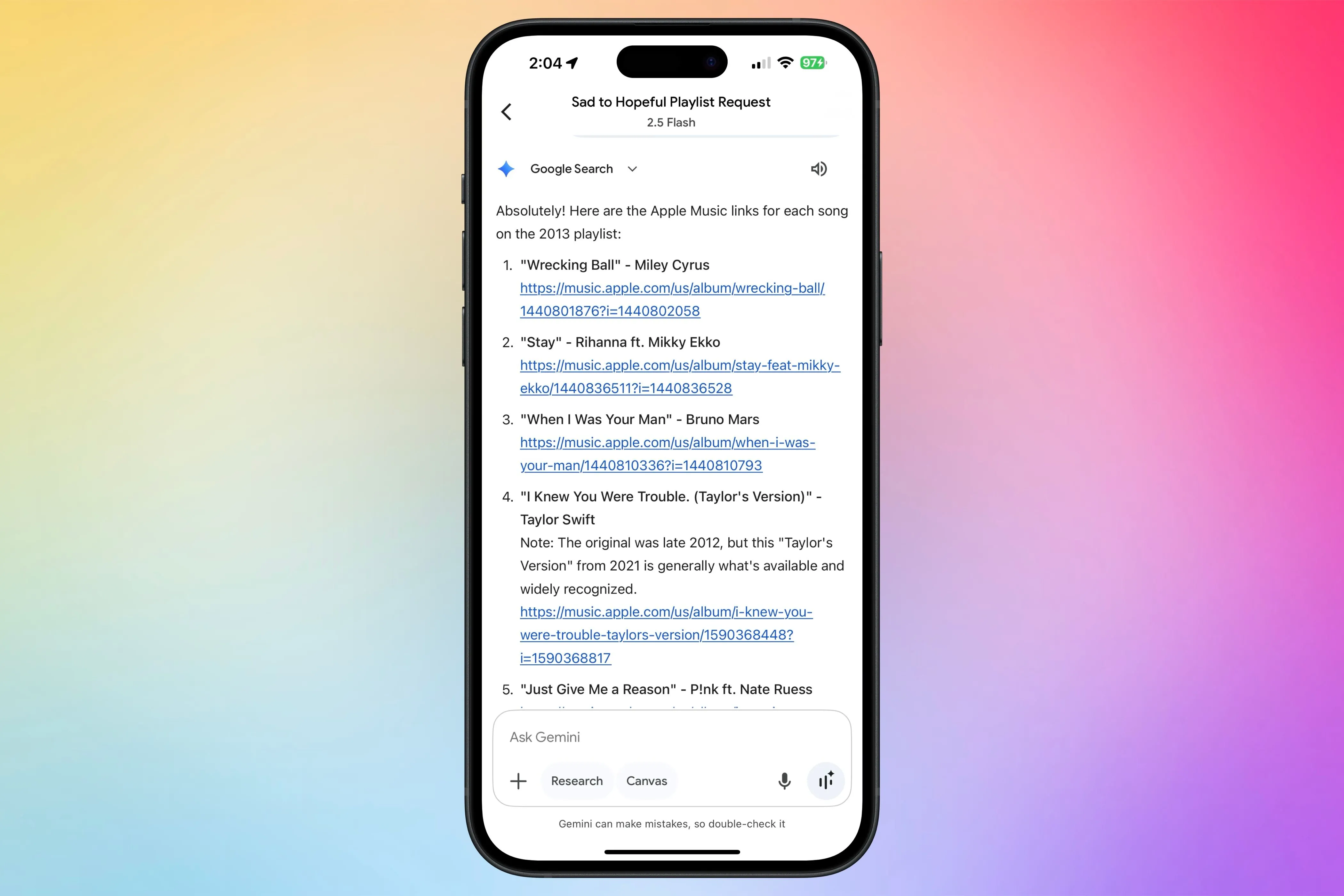 Google Gemini đang tạo playlist và cung cấp các liên kết trực tiếp đến bài hát trên Apple Music, thể hiện khả năng của AI bot trong việc hỗ trợ khám phá nhạc.