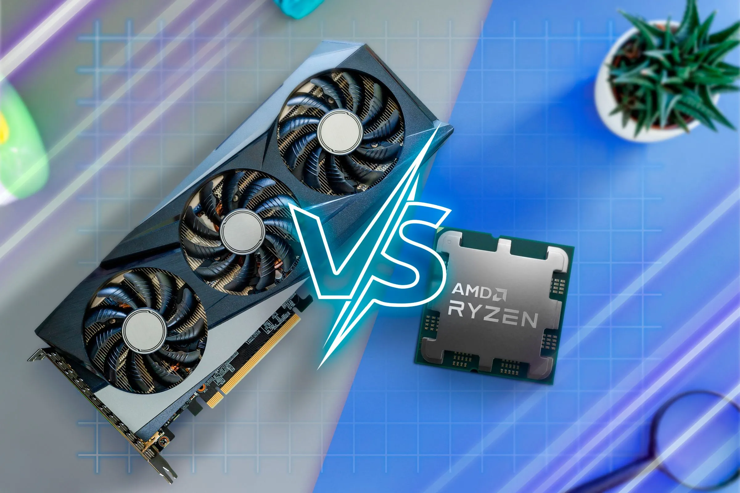 GPU và CPU trên bàn với ký hiệu 'vs' ở giữa