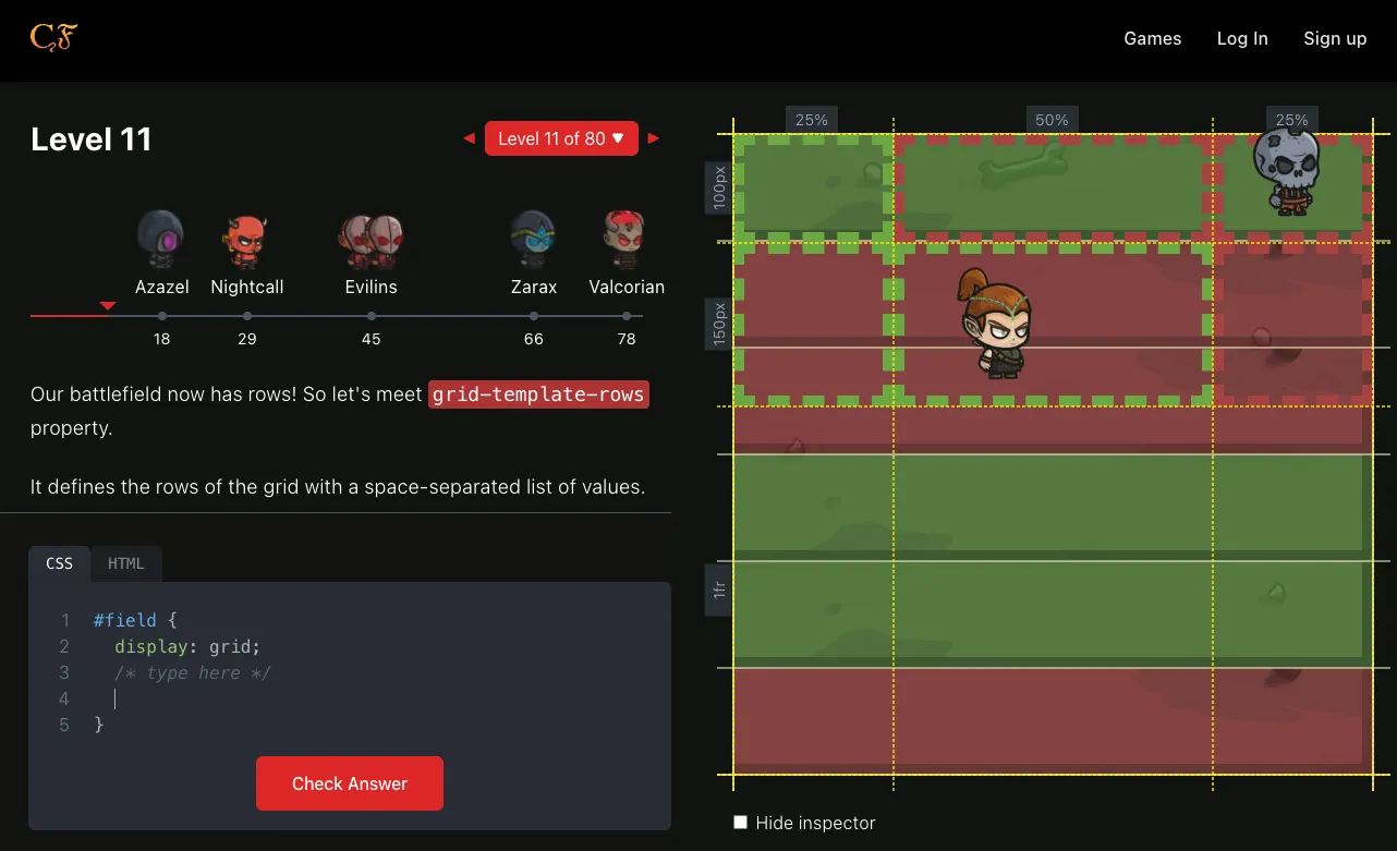 Grid Attack hiển thị một khu vực chơi game với các hàng và cột được đánh dấu, kèm ô nhập mã CSS