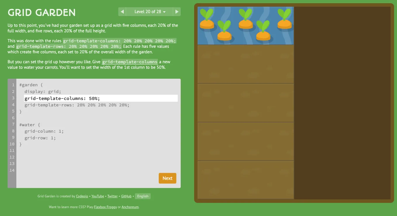 Grid Garden với giao diện vườn rau, hướng dẫn và ô code CSS để người chơi điều khiển