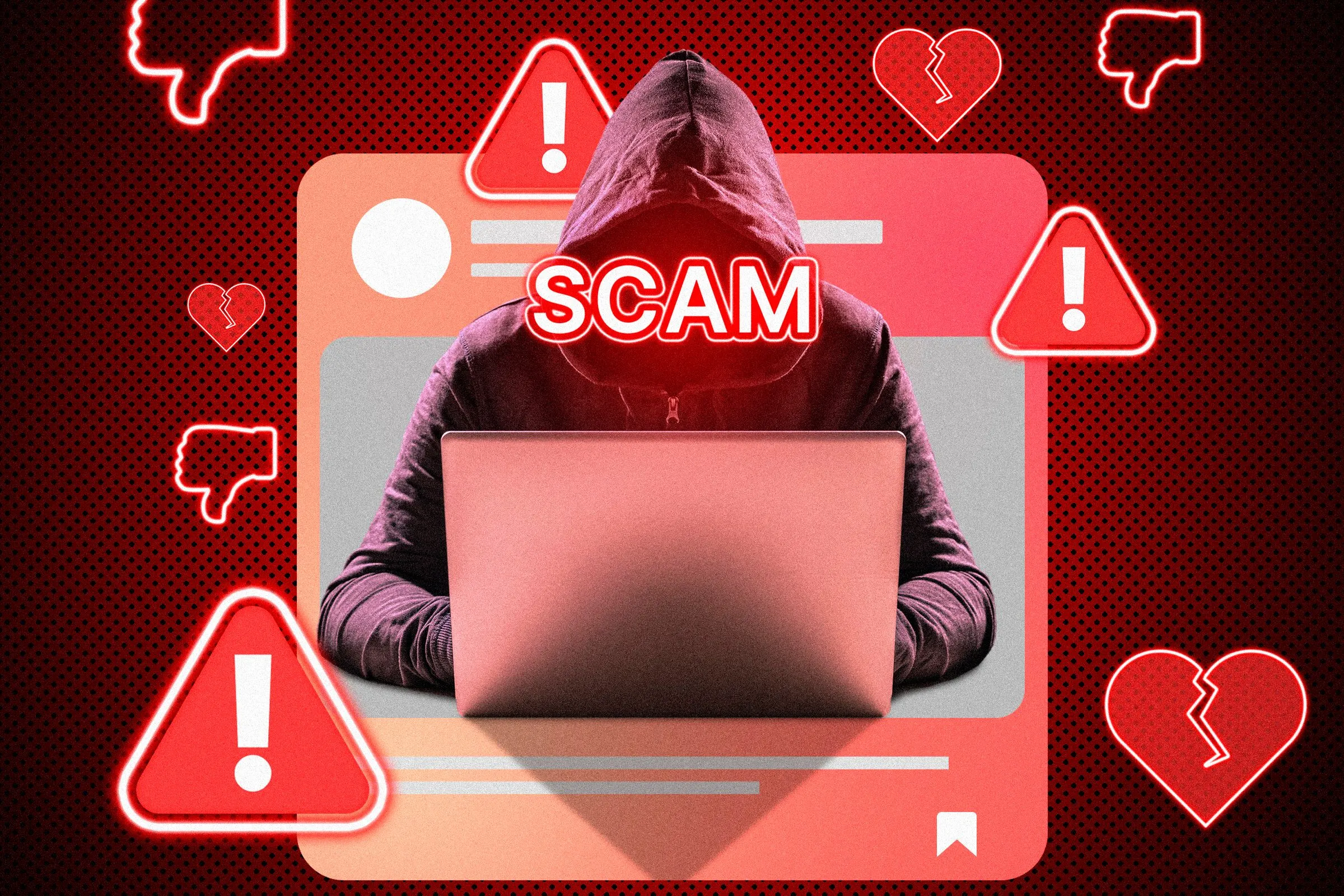 Hacker đang ngồi trước laptop, thực hiện hành vi lừa đảo qua mạng với nhiều dấu hiệu cảnh báo.