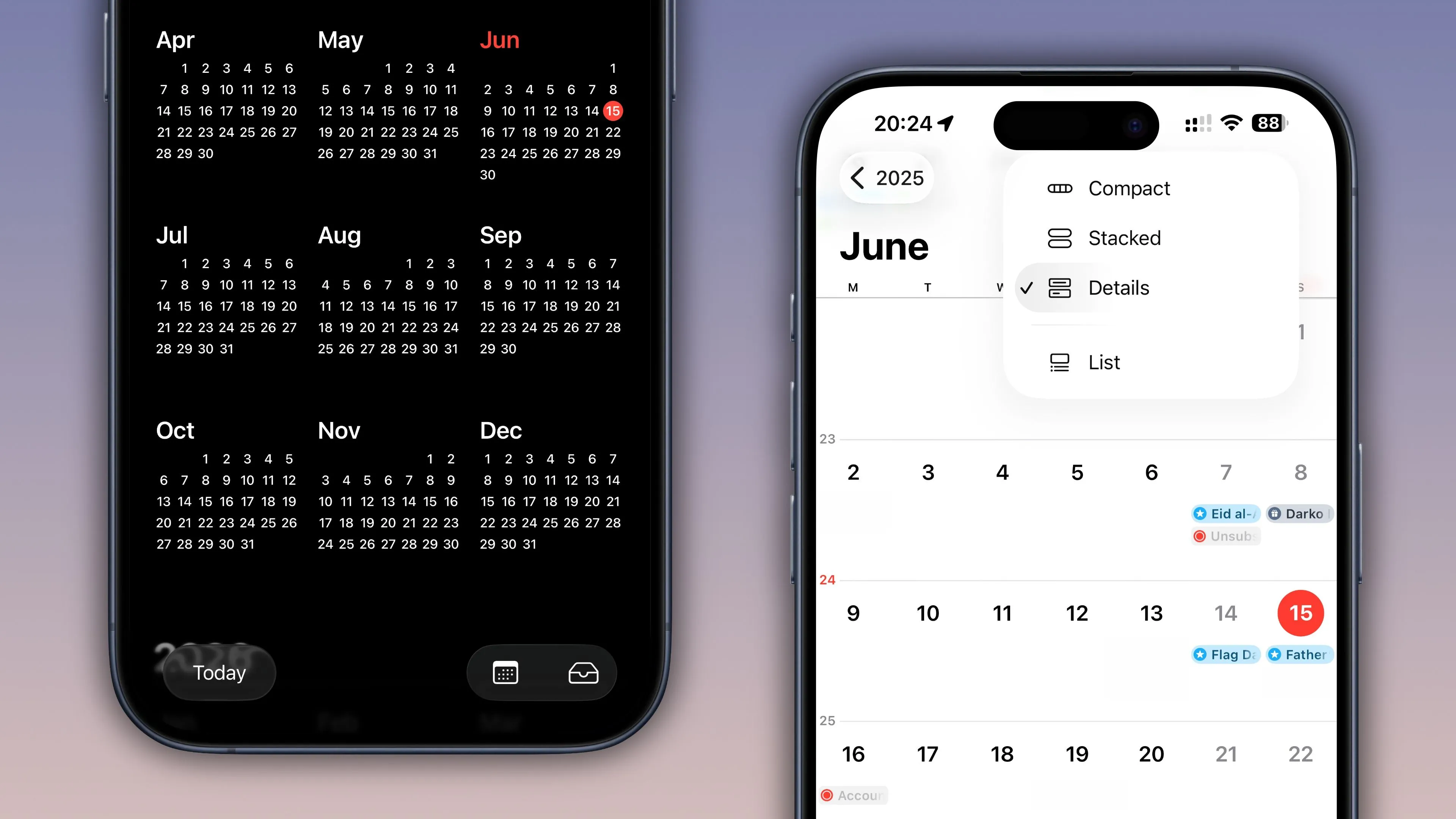 Hai ảnh chụp màn hình ứng dụng Lịch (Calendar) của iOS 26 hiển thị giao diện xem năm và menu cài đặt.
