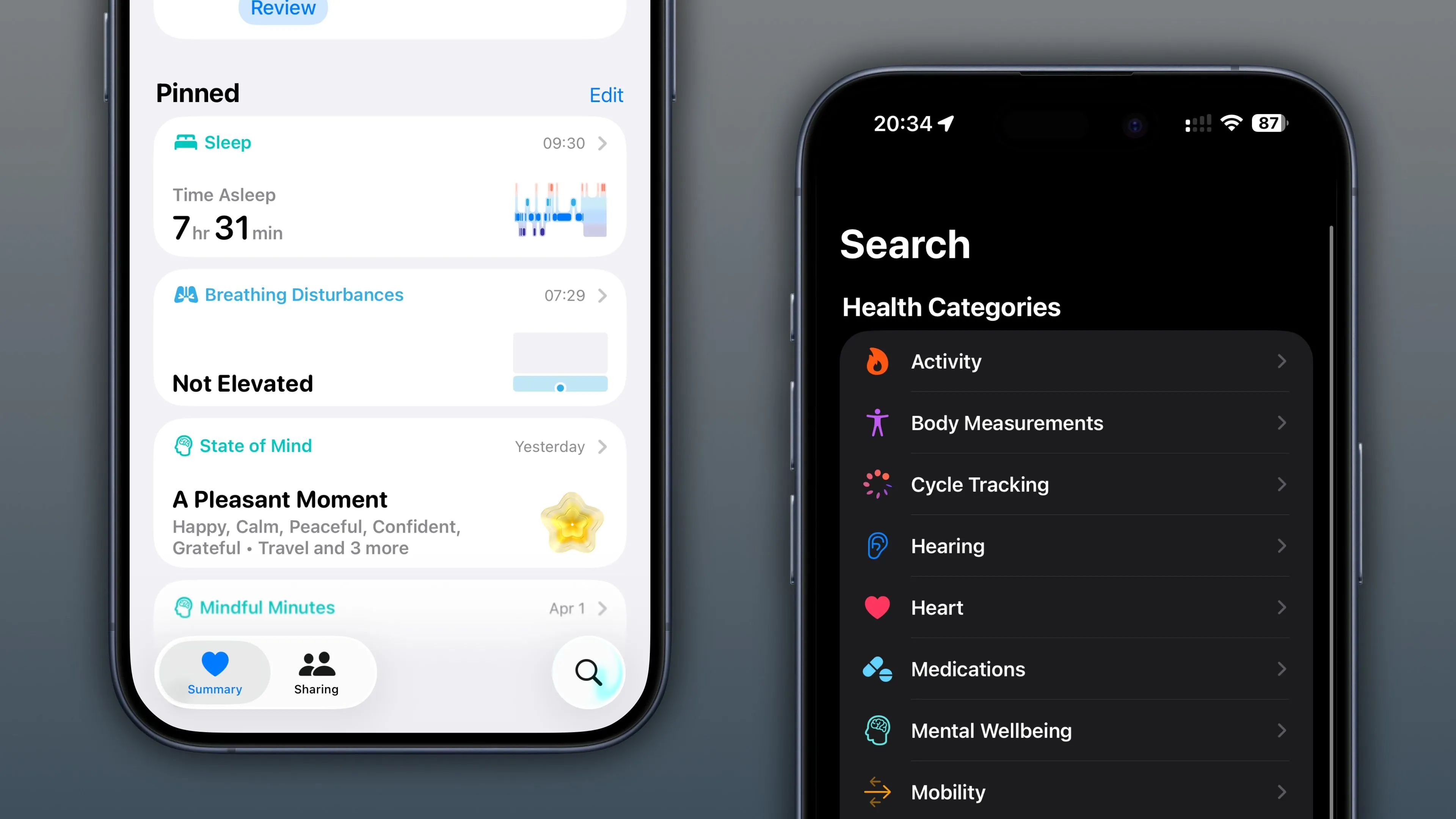 Hai ảnh chụp màn hình ứng dụng Sức khỏe (Health) trên iOS 26 với giao diện tổng quan và chức năng tìm kiếm.