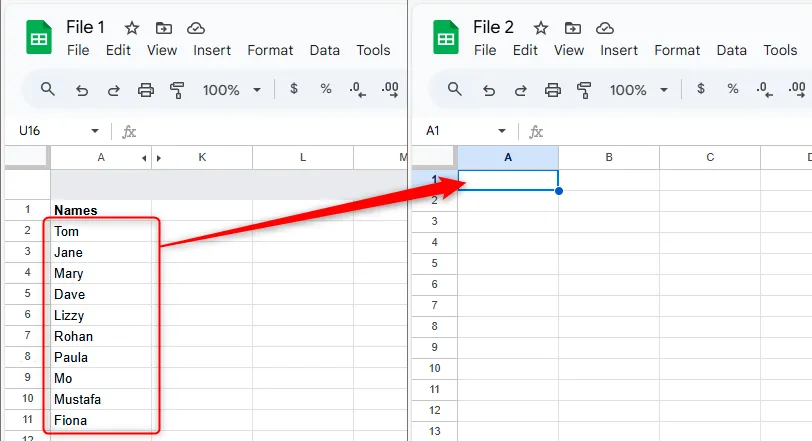 Hai bảng tính Google Sheets minh họa việc nhập dữ liệu từ File 1 sang File 2.