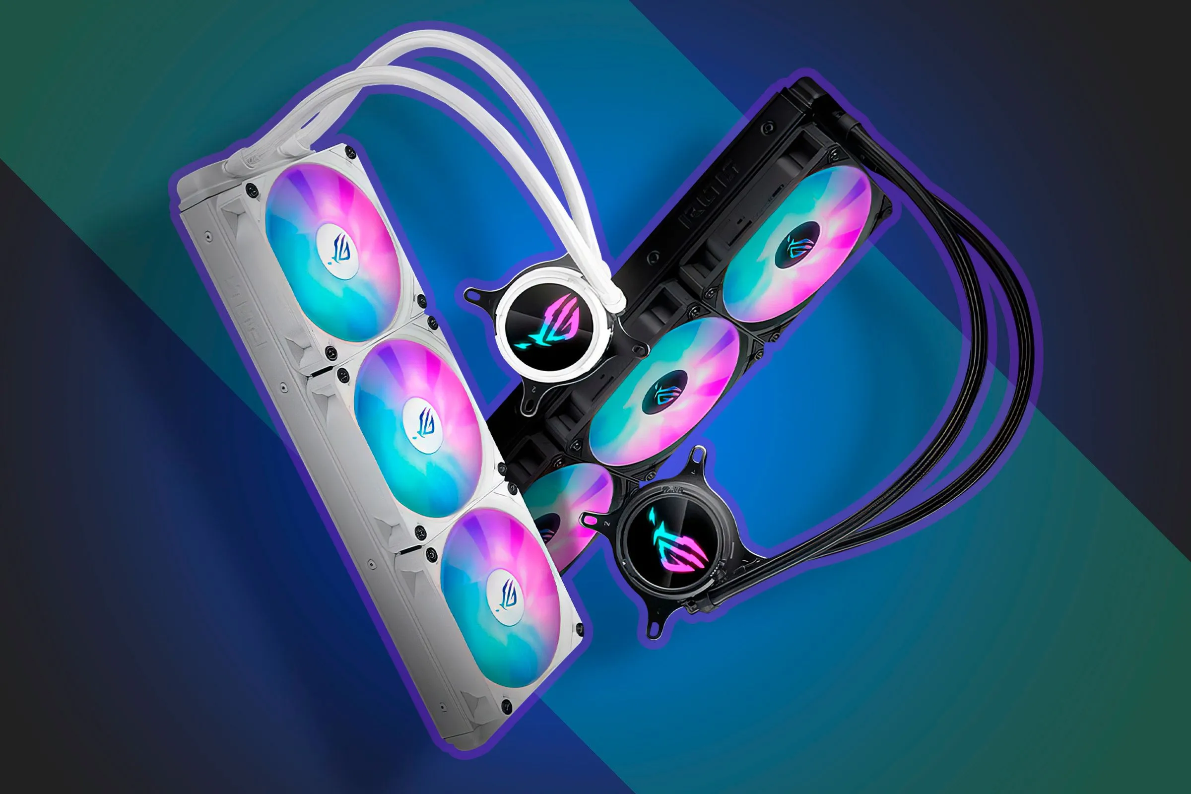 Hai bộ tản nhiệt nước AIO kích thước 370mm với các yếu tố RGB và thiết kế hiện đại, minh họa tính thẩm mỹ của AIO.