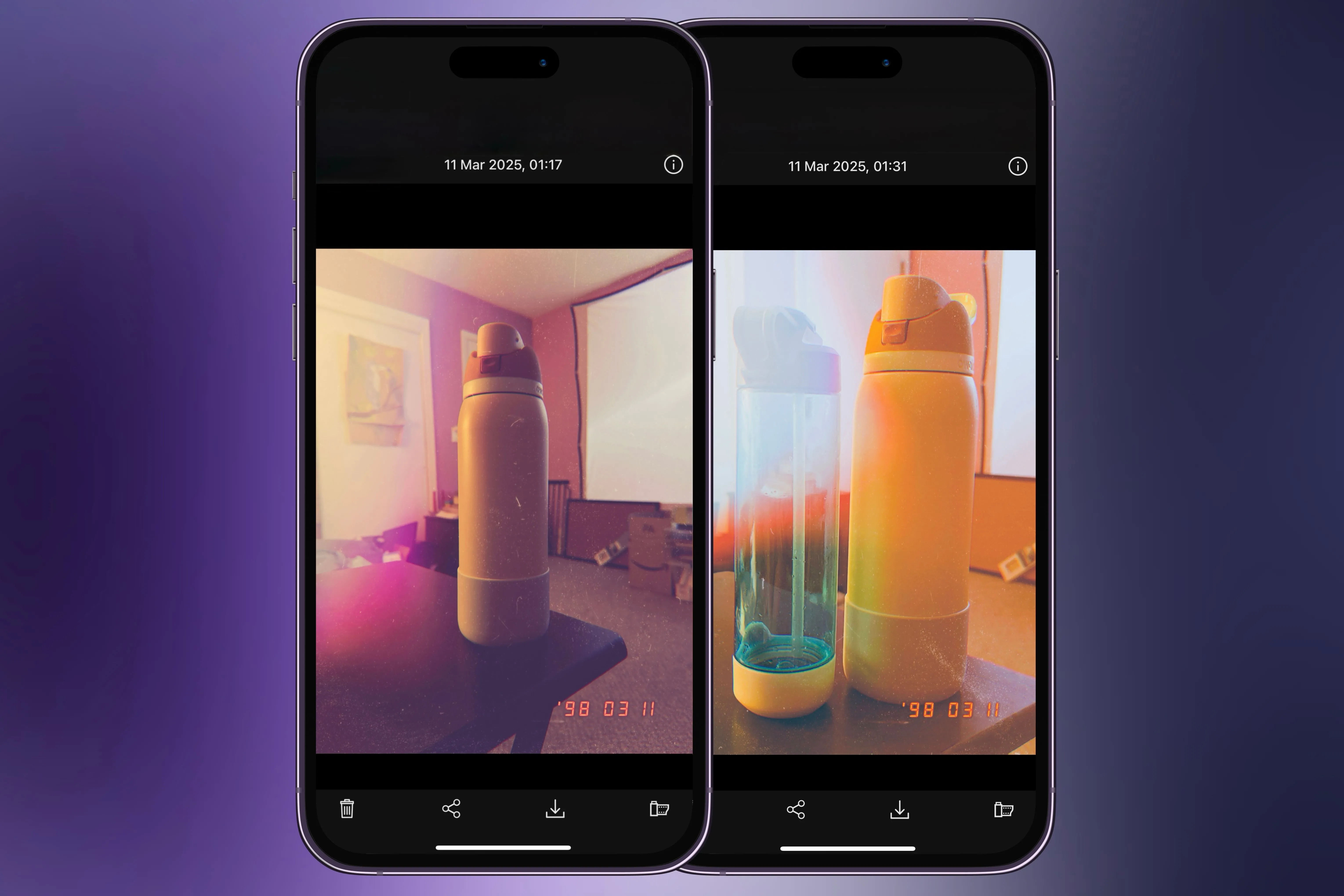 Hai chiếc iPhone hiển thị các bức ảnh chai nước được chụp bằng ứng dụng 1998 Cam với các bộ lọc và hiệu ứng vintage đặc trưng.