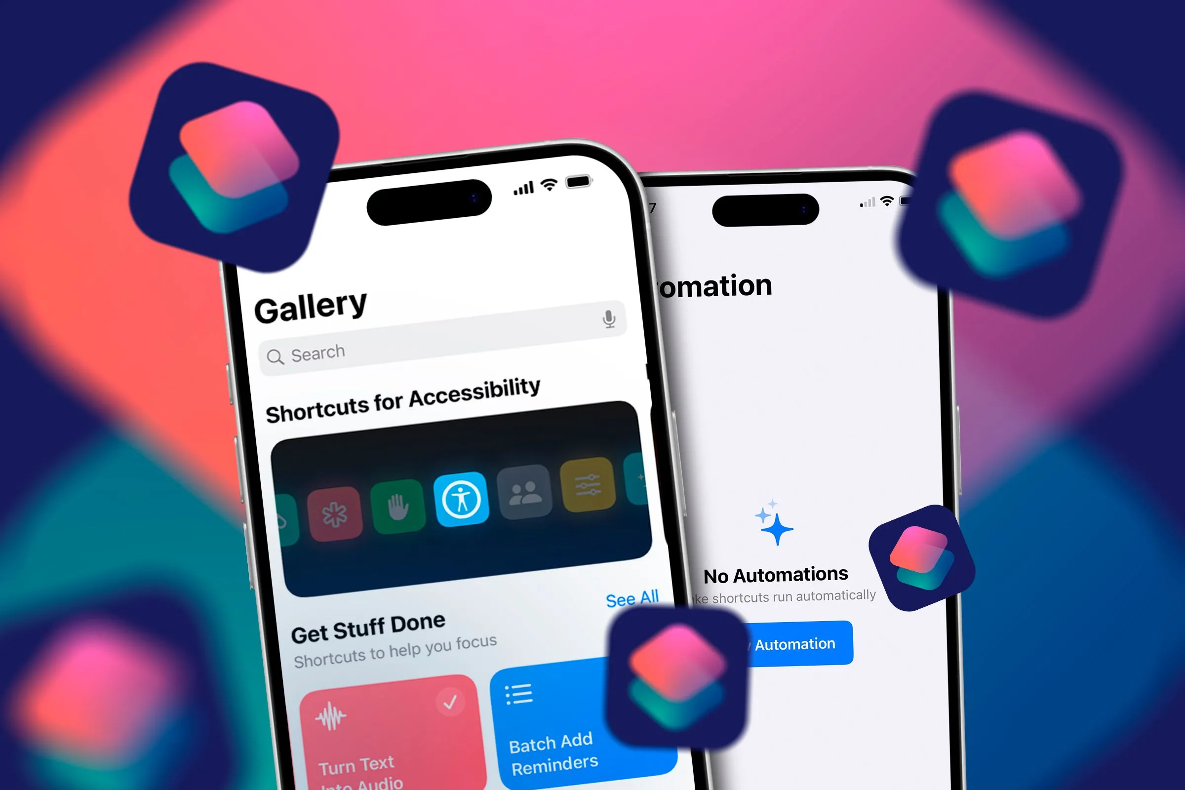 Hai chiếc iPhone trên màn hình ứng dụng Phím tắt, minh họa cho khả năng mở rộng các kịch bản tự động hóa và mẹo Phím tắt.