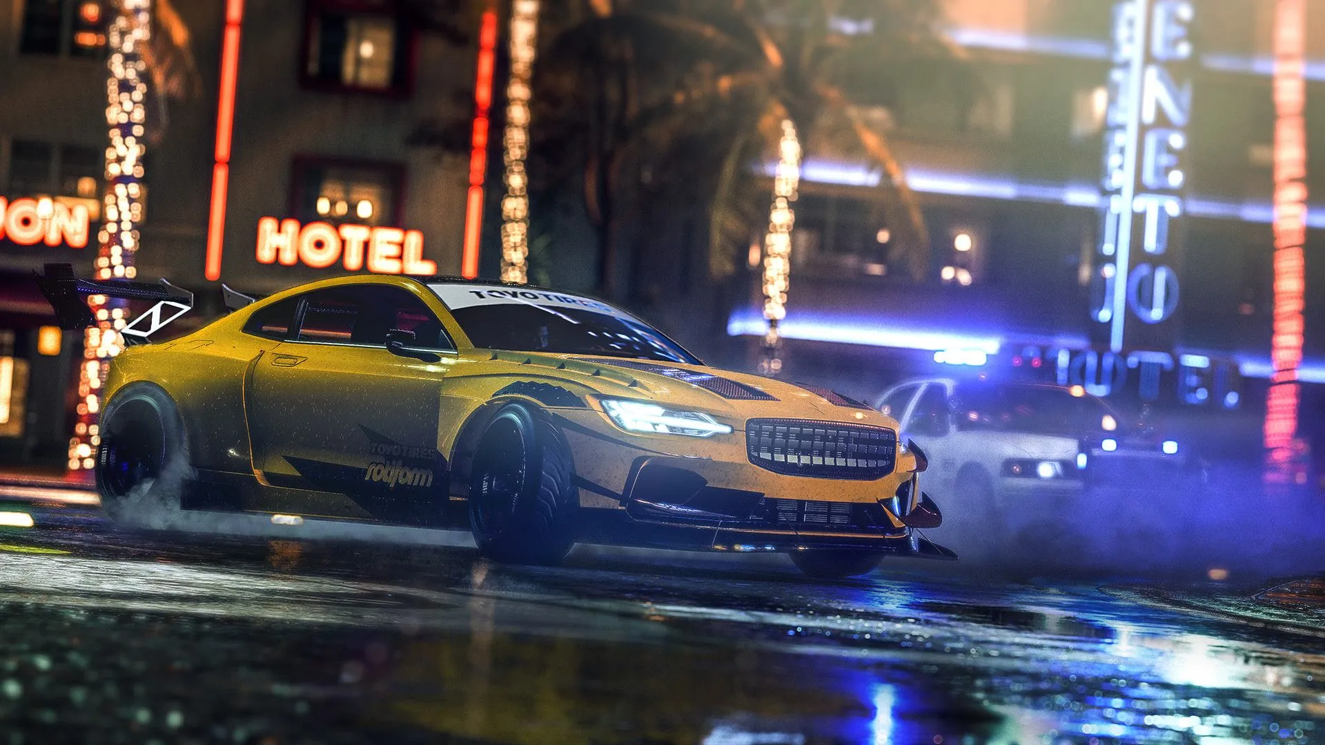 Hai chiếc xe đang đua đường phố tốc độ cao trong Need for Speed Heat, đại diện cho game đua xe arcade hiện đại.