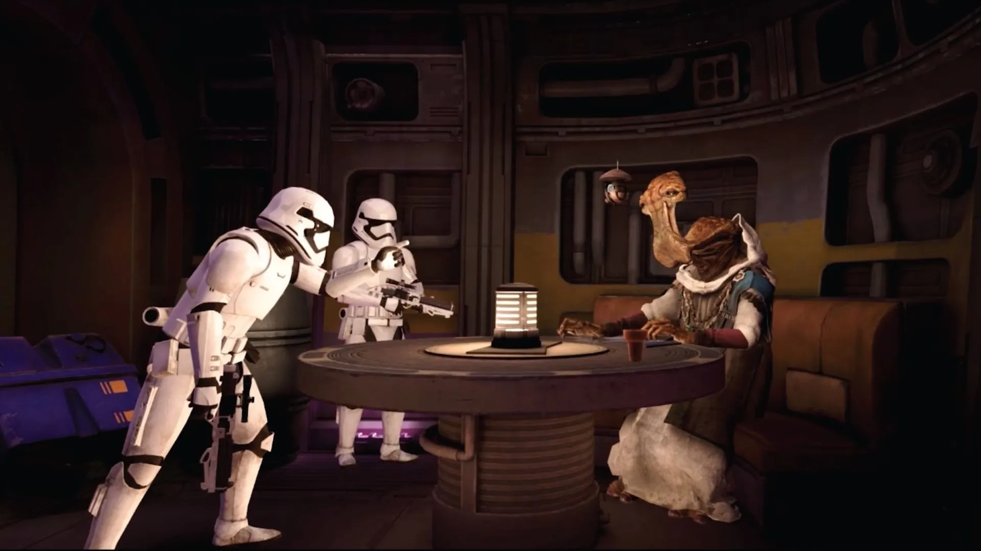 Hai Stormtrooper quở trách Dok-Ondar trong game VR Star Wars: Tales from the Galaxy's Edge.