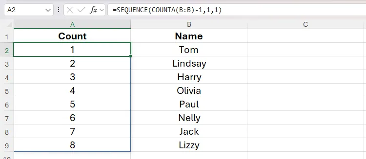 Hàm SEQUENCE và COUNTA được sử dụng để tạo danh sách số thứ tự động trong một dải ô không có cấu trúc bảng