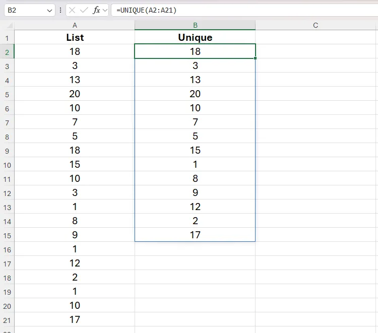 Hàm UNIQUE trong Excel trả về các giá trị duy nhất từ một dải ô, tạo ra một mảng tràn ô