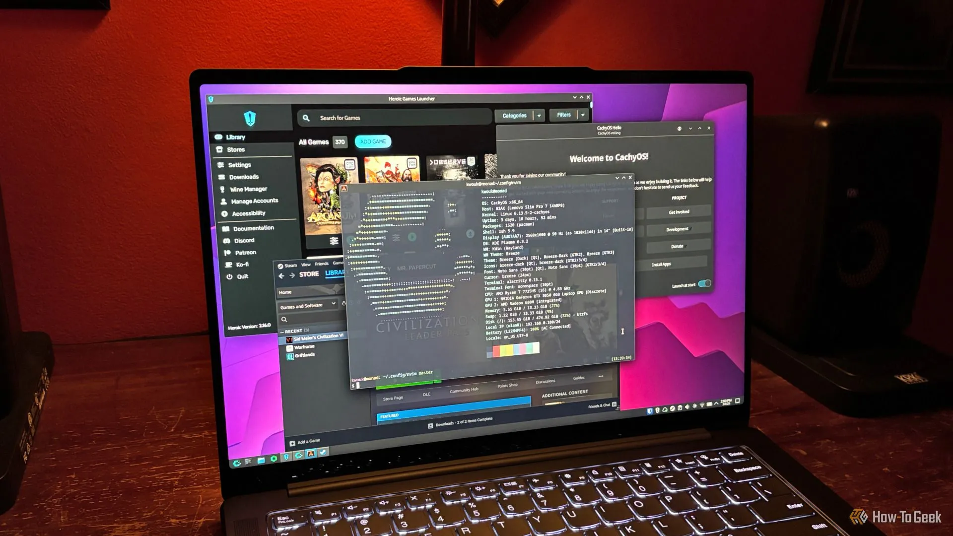 Hệ điều hành CachyOS chạy Steam và Heroic Games Launcher, tối ưu cho game thủ Linux