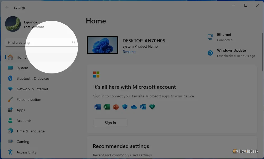 Hiệu ứng spotlight làm nổi bật con trỏ chuột trên giao diện ứng dụng Settings của Windows, được kích hoạt bởi Find My Mouse.