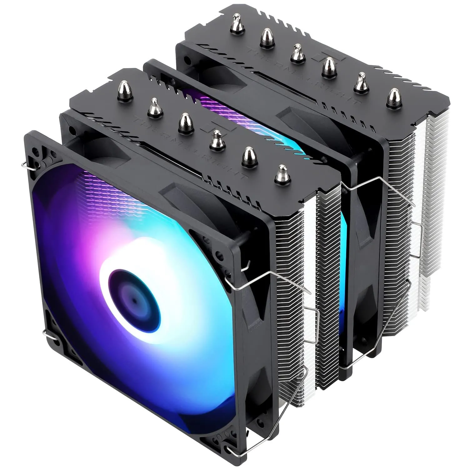 Hình ảnh bộ tản nhiệt khí CPU Thermalright Peerless Assassin 120 SE ARGB với thiết kế tháp đôi và quạt RGB.