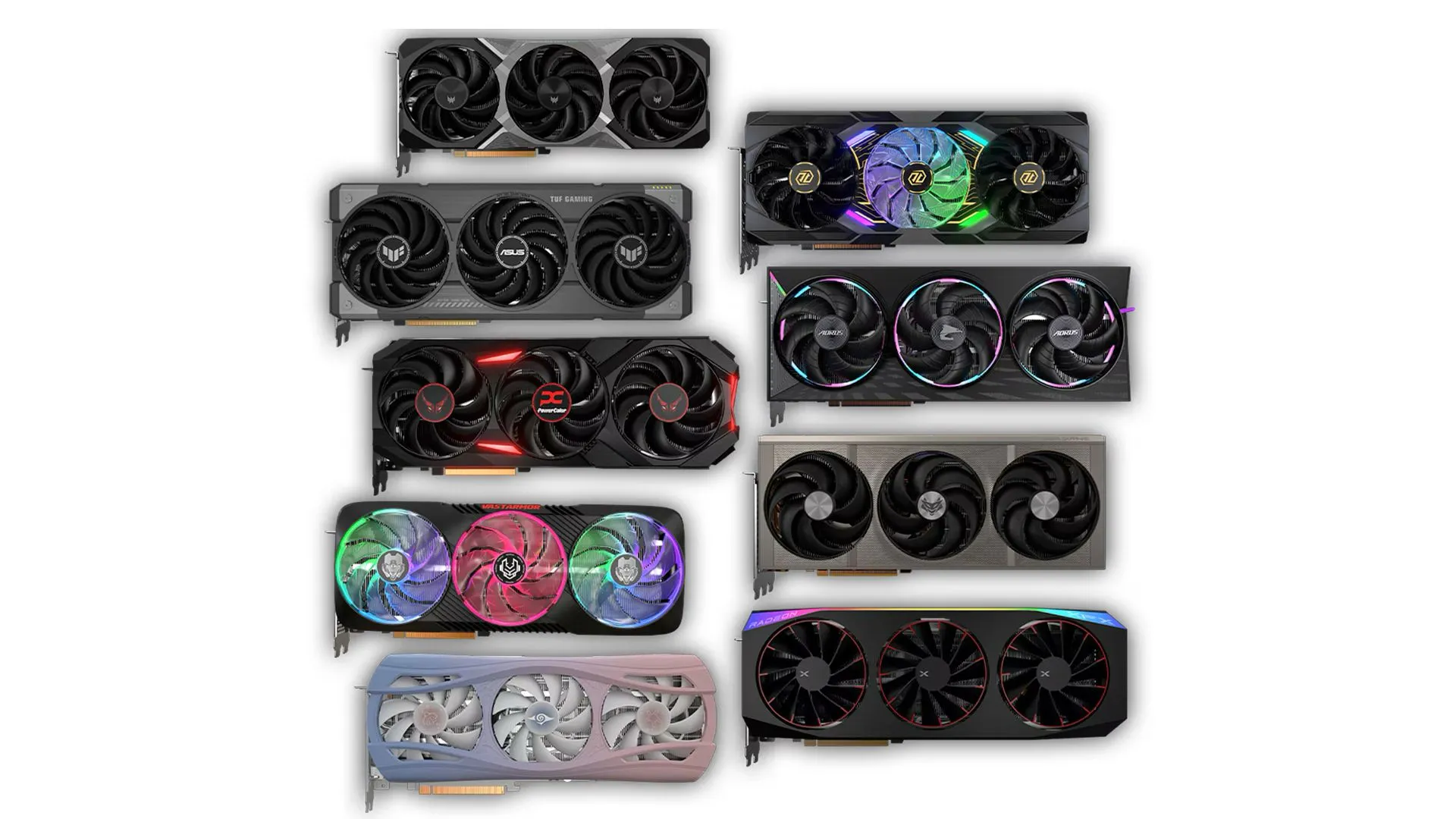 Hình ảnh các phiên bản card đồ họa AMD RX 9070 từ các đối tác như ASRock, ASUS, Gigabyte.