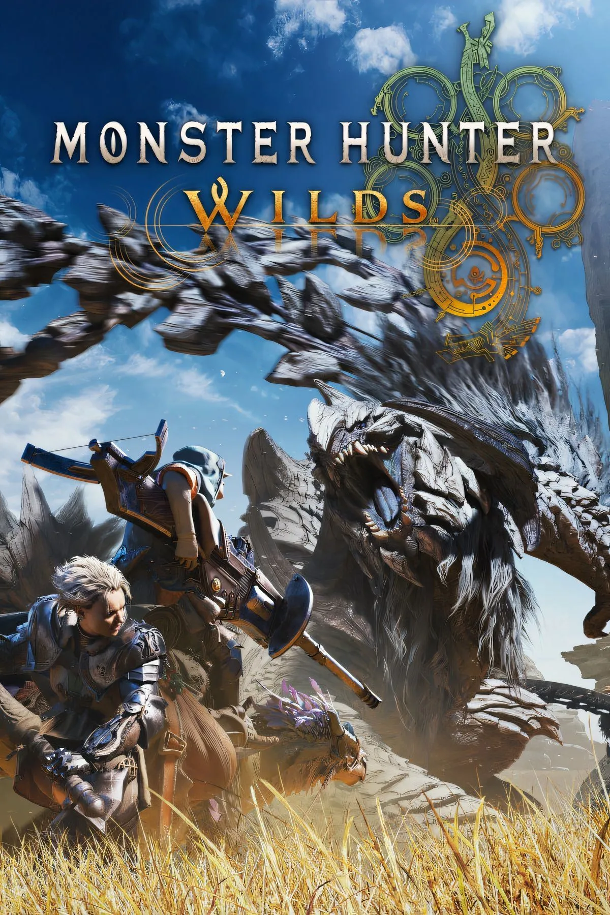 Hình ảnh chiến binh đang đối đầu với quái vật khổng lồ trong thế giới Monster Hunter Wilds.