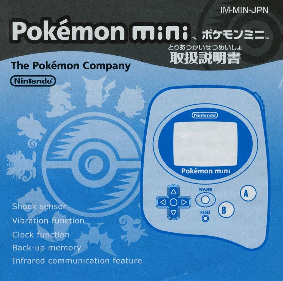 Hình ảnh cuốn sách hướng dẫn sử dụng và máy chơi game cầm tay Pokémon Mini của Nintendo.