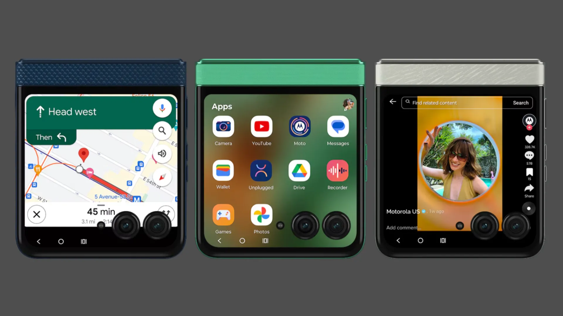 Hình ảnh giao diện người dùng Hello UI trên màn hình phụ của Moto Razr 2025, hiển thị Android 15