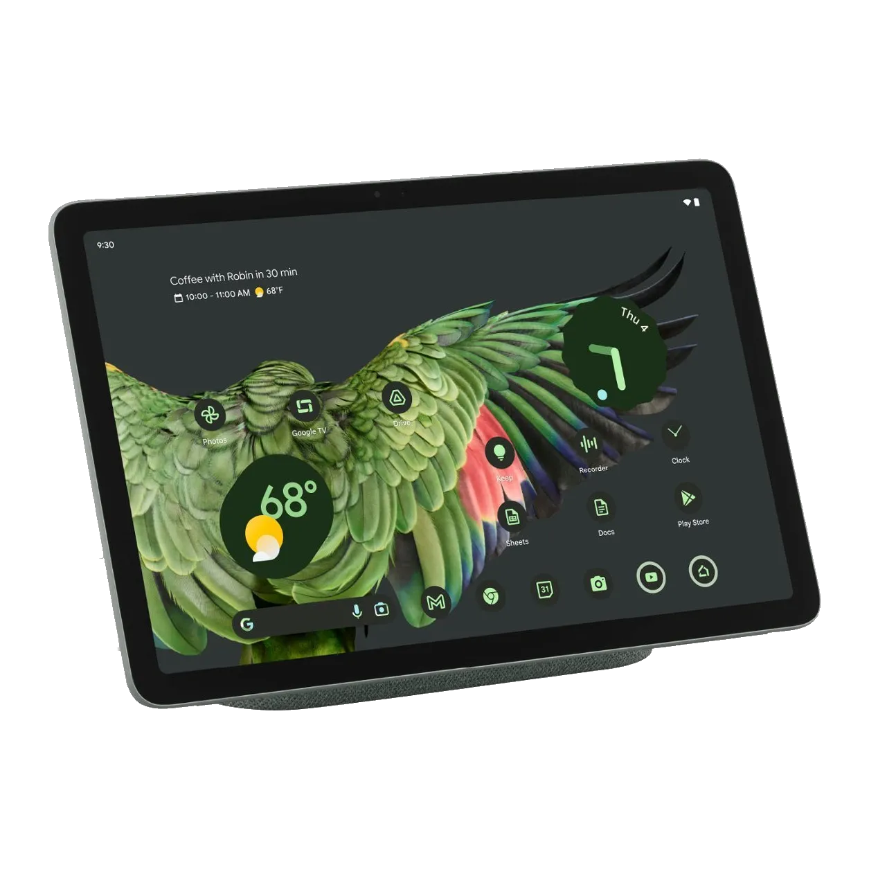 Hình ảnh Google Pixel Tablet màu sắc trên dock loa, thể hiện tính năng như một trung tâm nhà thông minh.