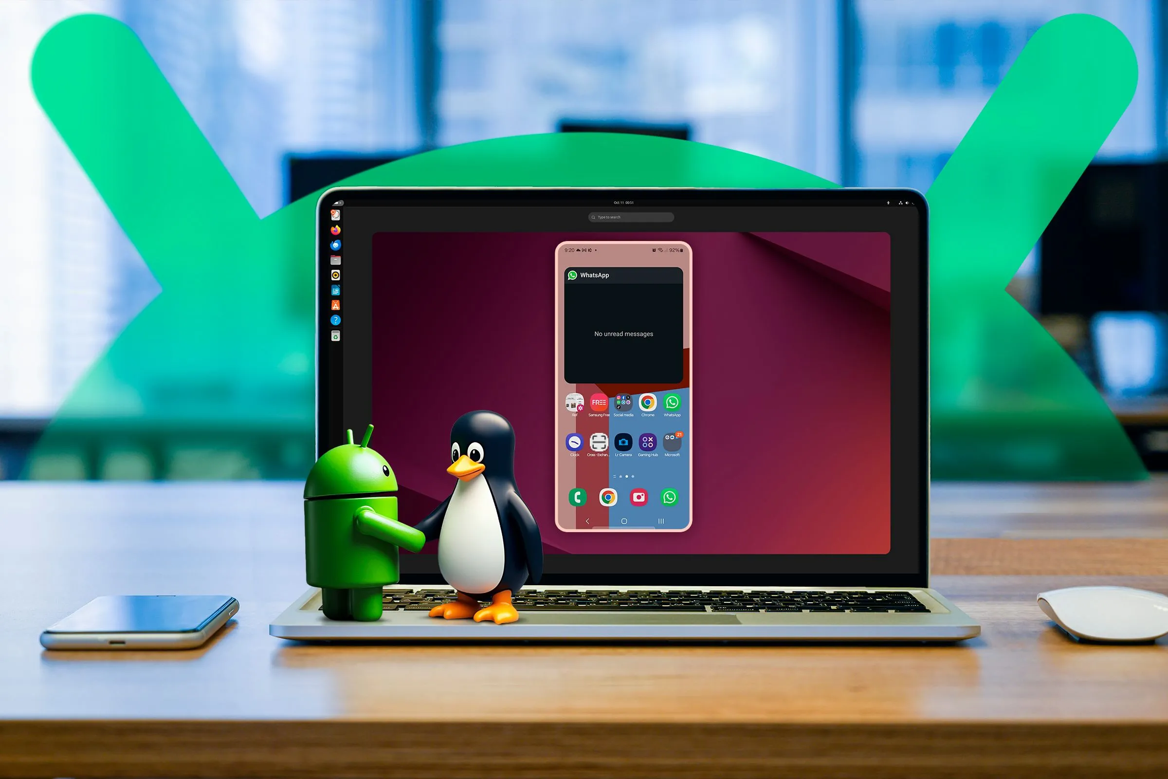 Hình ảnh laptop chạy Ubuntu hiển thị màn hình Android được nhân bản, cùng linh vật Android và Linux bắt tay nhau, minh họa mối liên hệ giữa Android và nhân Linux.