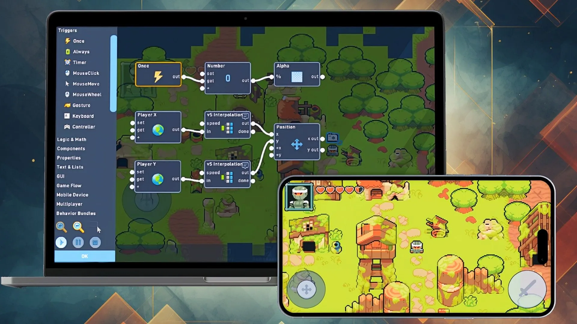 Hình ảnh một trò chơi đang được phát triển trên Flowlab Game Creator, hiển thị cảnh rừng và nhân vật đang di chuyển, có thể sử dụng trên máy tính và điện thoại để làm game Android.