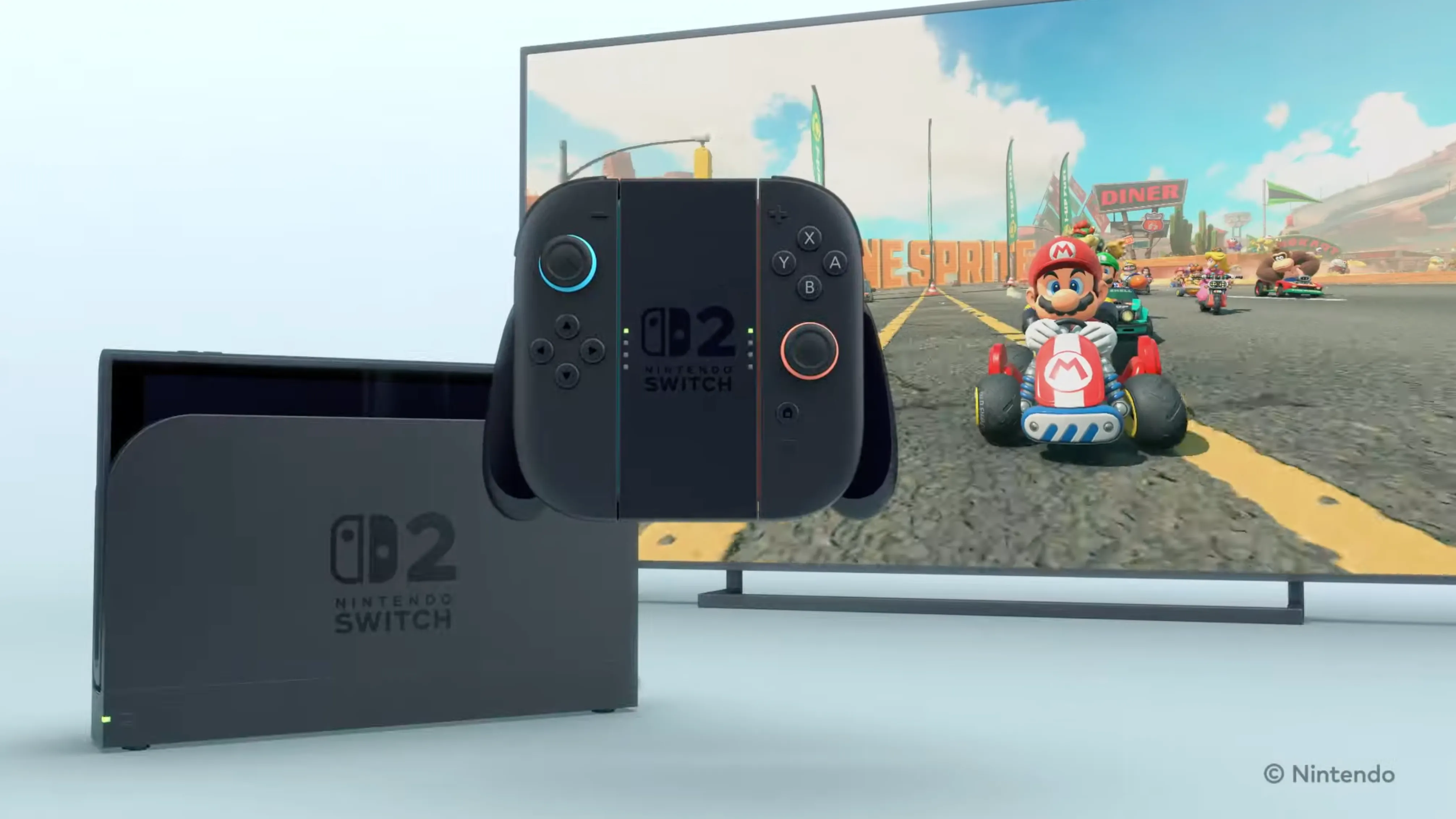 Hình ảnh Nintendo Switch 2 đang kết nối với dock, hiển thị game Mario Kart trên màn hình, minh họa trải nghiệm chơi game tại gia.
