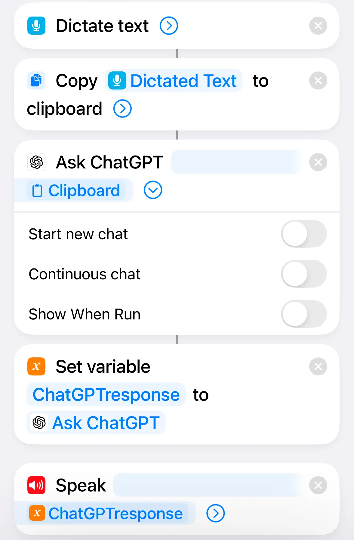 Hình ảnh phím tắt ChatGPT đã hoàn thiện trên iPhone, bao gồm các bước ghi âm văn bản, sao chép vào bộ nhớ tạm, hỏi ChatGPT, đặt biến và đọc phản hồi, tối ưu hóa cho Apple Watch.