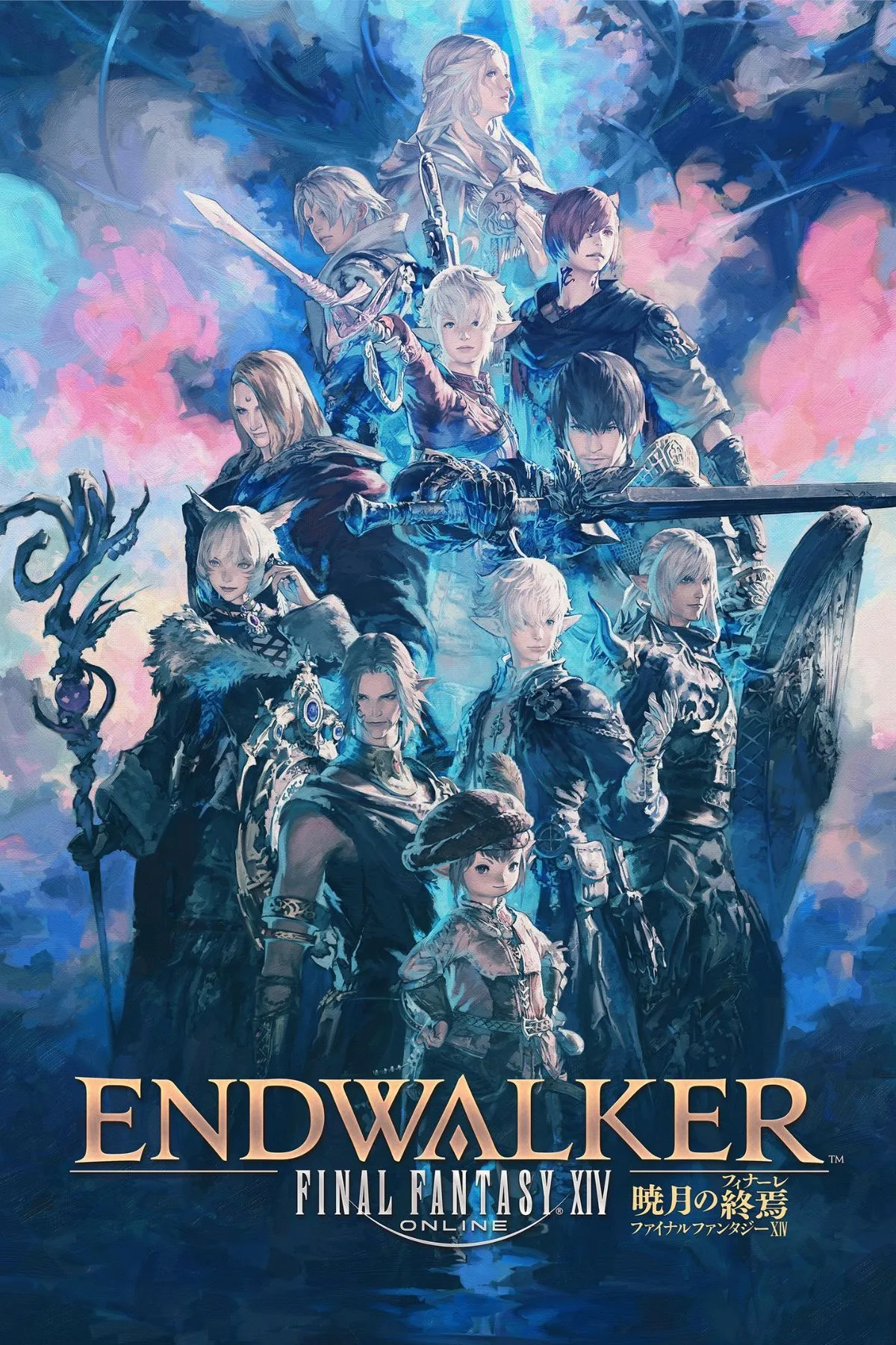 Hình ảnh quảng bá Final Fantasy XIV Endwalker với logo game và cảnh chiến đấu đặc trưng