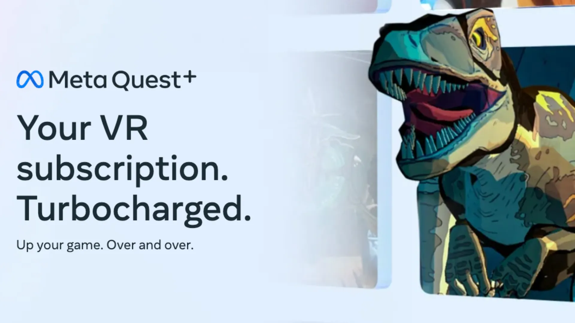 Hình ảnh quảng cáo dịch vụ Meta Quest Plus với hình ảnh khủng long T. Rex, đại diện cho những trải nghiệm game VR độc đáo